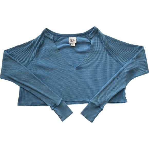 BDG waffle-knit thermal cropped long sleeve top blue V-neck raw hem S - Picture 1 of 6